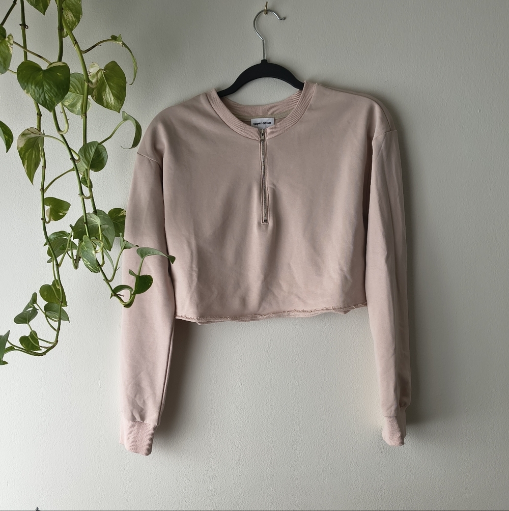 Super Down Cropped Long Sleeve Top S Pink Zip Neck Raw Edge